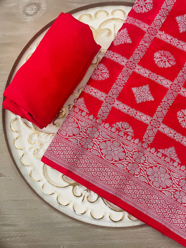 Mashru Silk Saree from Banaras | Red | Silver Zari | Handwoven | Ships from California